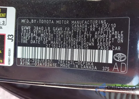 2010 Toyota Corolla S from USA, damaged, VIN 2T1BU4EE0AC493615